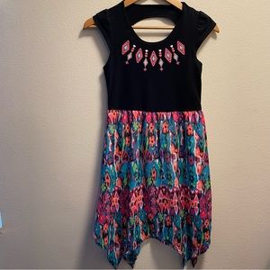 Faded Glory Girl Black Floral Ruched Mini Dress Neon Colorblock Size L 10-12